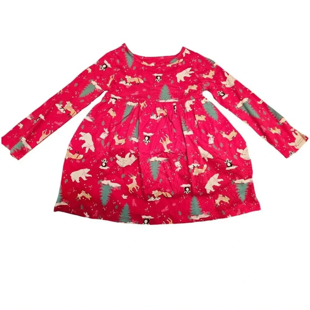 2T Red Forest Creatures Girls Fall Themed Long Sleeve Dress, Dress for Toddlers